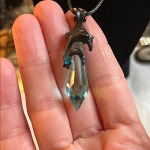 Elegant Black and Teal Double Dolphins with Crystal Pendant Necklace 7672